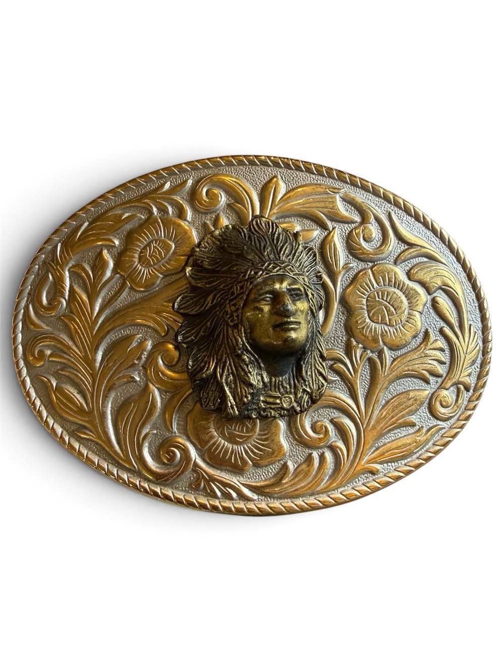 *Vintage* Ornate Oval Brass Belt Buckle with Native Chief Motif - Gold Tone